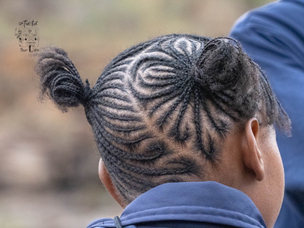 Vue arrière d'une coiffure tressée avec des motifs en spirale et deux chignons sur la tête d'une personne.