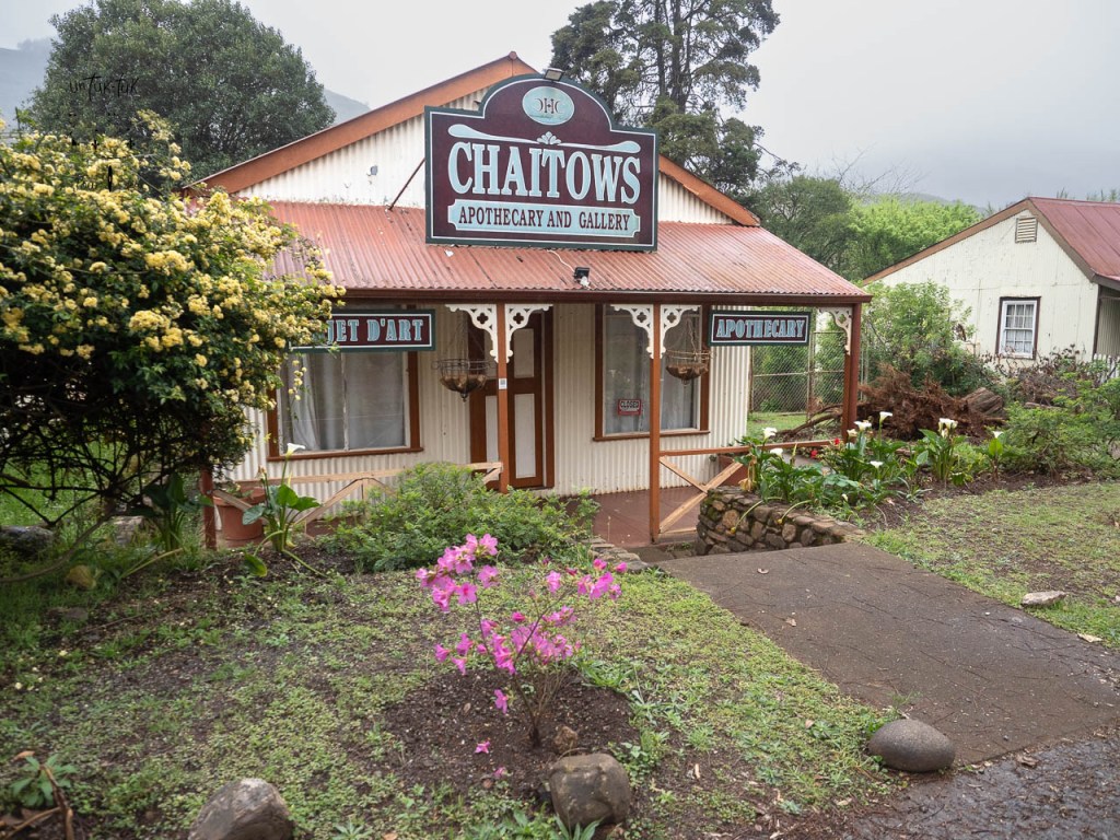 Bâtiment du magasin Chaitows, avec un panneau indiquant 'Apothecary and Gallery', entouré de fleurs et de verdure.